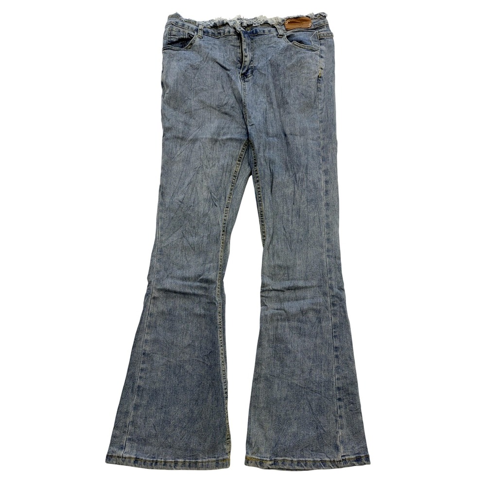Wish‎ Me Luck Jeans Womens 2XL Blue Medium Wash High Rise Flare Distressed 35x30